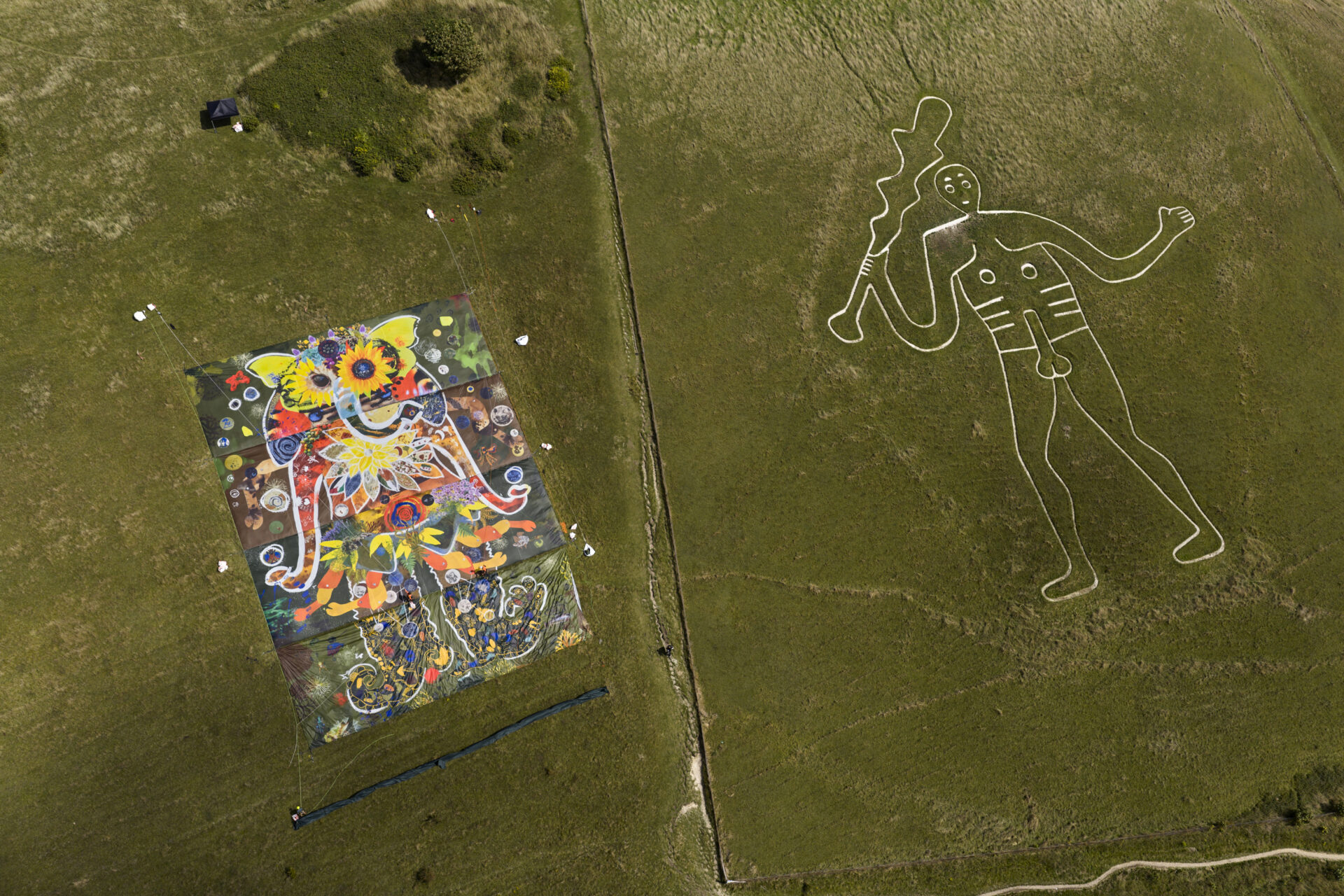 A large colourful artwork is seen from above on a large green hill, next to an ancient chalk giant.
