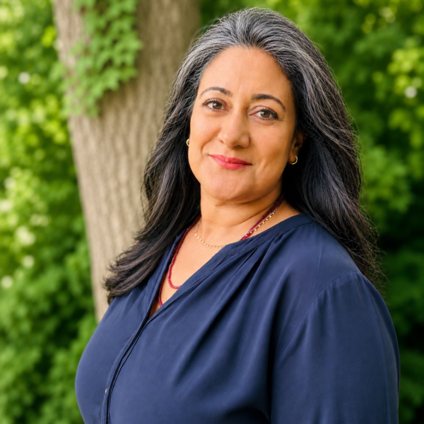 A woman wears a blue blouse and looks at the camera