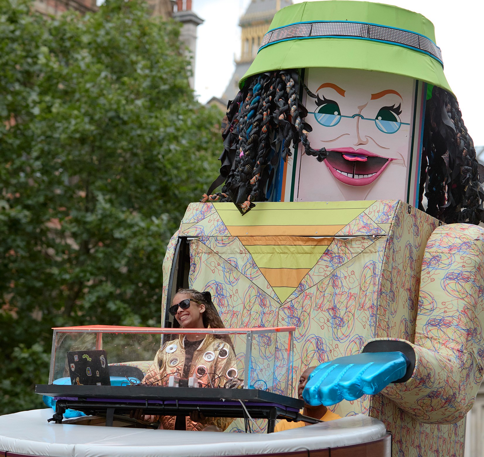 Close up of a large puppet's face